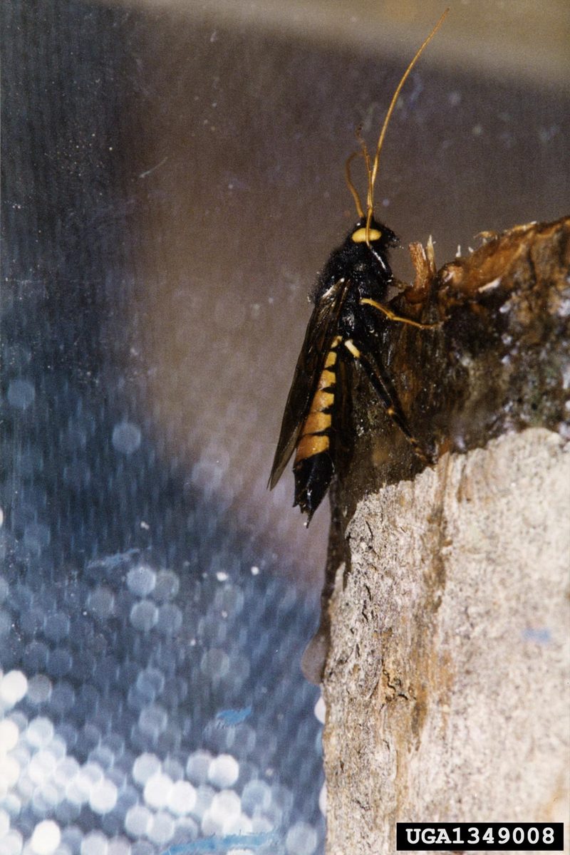 giant wood wasp (Urocerus gigas) {!--잣나무송곳벌-->; DISPLAY FULL IMAGE.