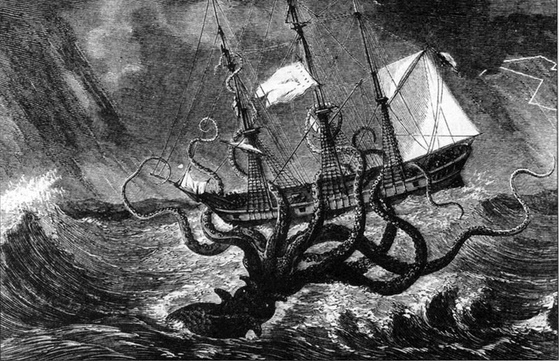 Giant octopus attacks ship; DISPLAY FULL IMAGE.