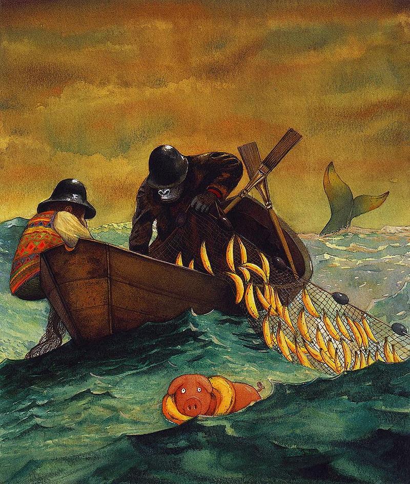 [Animal Art - Anthony Browne] (Gorilla) Willy's Pictures - Fruitful Fishing Trip; DISPLAY FULL IMAGE.