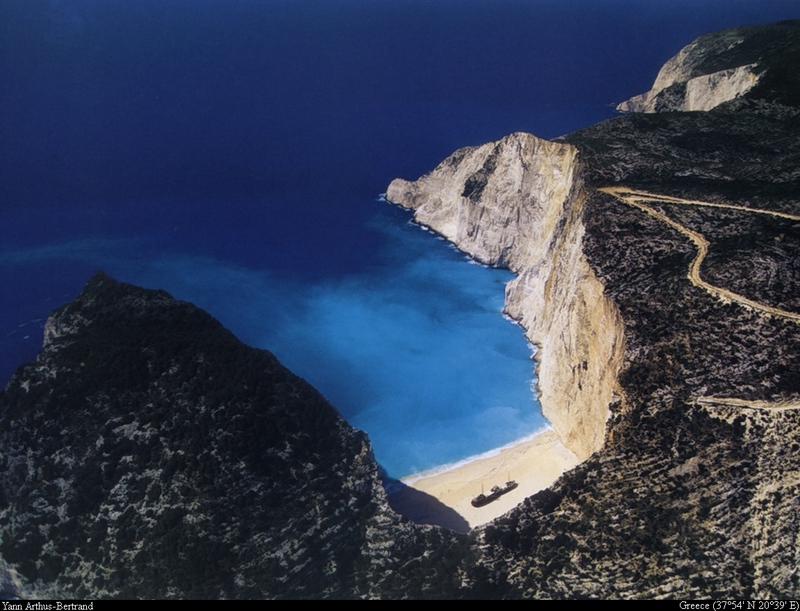 [B14 SLR: Yann Arthus-Bertrand] Boat aground north of Zakinthos Island (Zante); DISPLAY FULL IMAGE.