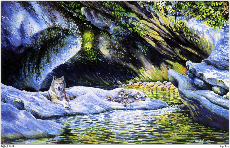 [Fafnir Scan - Sally J. Smith] 'Wolf Sprit' - 1997 Calendar - Nap Time; DISPLAY FULL IMAGE.