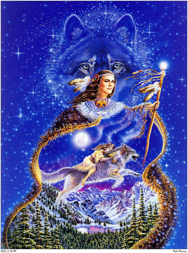 [Fafnir Scan - Sally J. Smith] 'Wolf Sprit' - 1997 Calendar - Wolf Woman; DISPLAY FULL IMAGE.