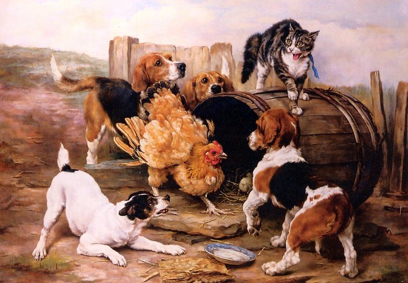 [EndLiss scan - Animal Art] Lucy Ann Leavers - In a Fix (Beagles, cat, chicken); DISPLAY FULL IMAGE.