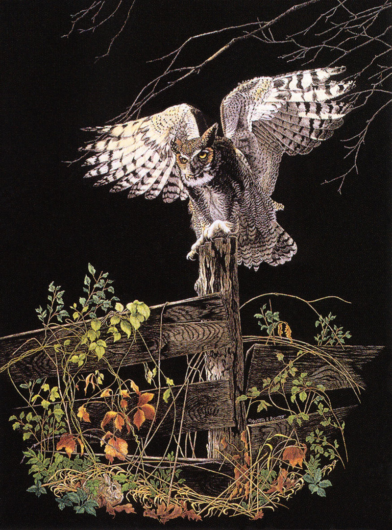 [FlowerChild scans - Wildlife-Birds] Painted by Martiena Richter, Silent Wings Silent Pray (Great Horned Owl); DISPLAY FULL IMAGE.