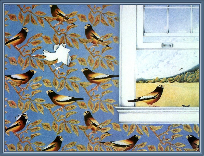 [CameoRose scan] Painted by Linda Miller, Evening Grosbeaks In September; DISPLAY FULL IMAGE.