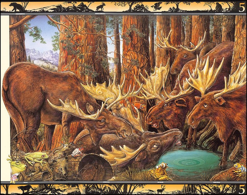 [LRS - The Waterhole] Painted by Graeme Base, Moose; DISPLAY FULL IMAGE.