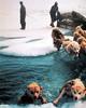 Sled Dogs crossing gap in ice, Greenland