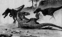 Carcharodontosaurus in trubble with two Deltadromeus.